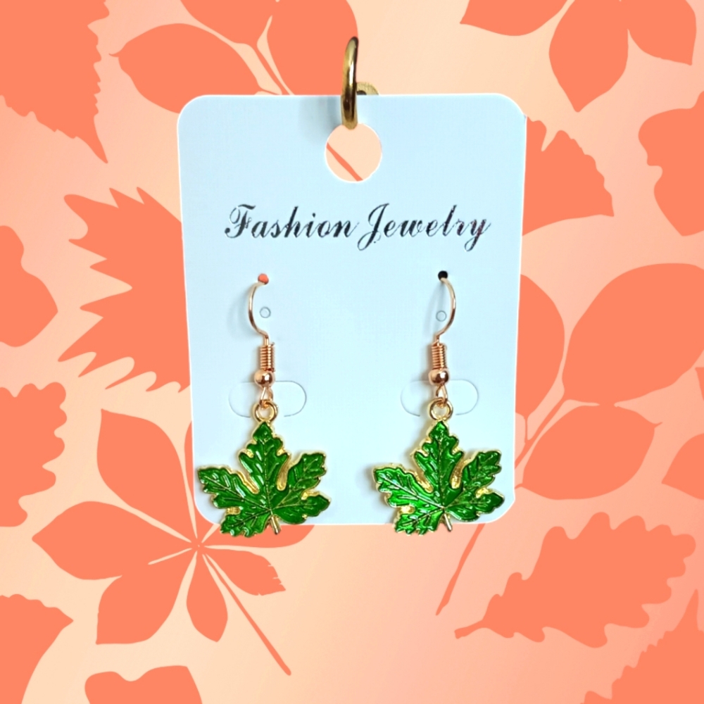 Green Maple Leaf Earrings - Picture 1 of 6